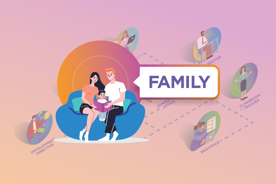 illustration of parents and a child sitting on the sofa looking at a computer