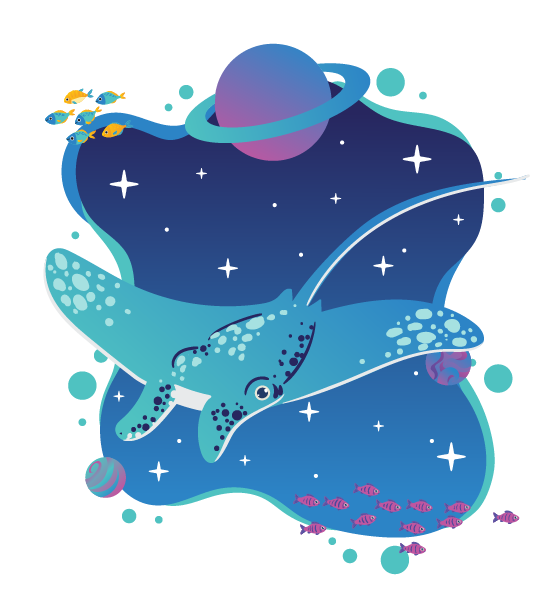 A manta ray swimming in outer space
