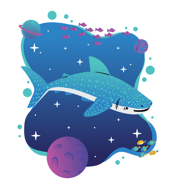 Illustration of a whale shark swimming in outer space