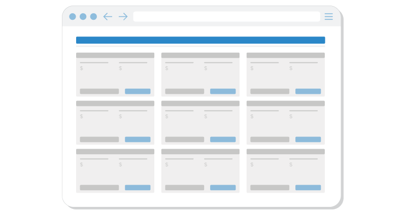 browser window showing a grid of cards or tiles, each with placeholder text and a blue action button