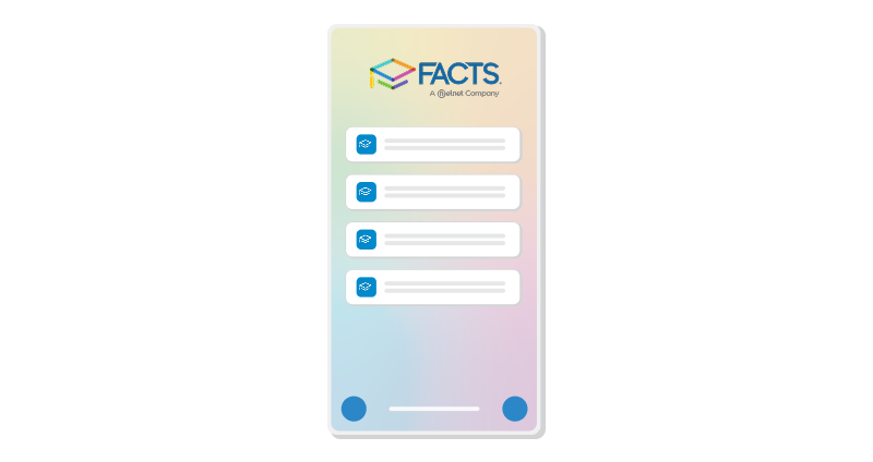 FACTS mobile app screen with a list of menu options