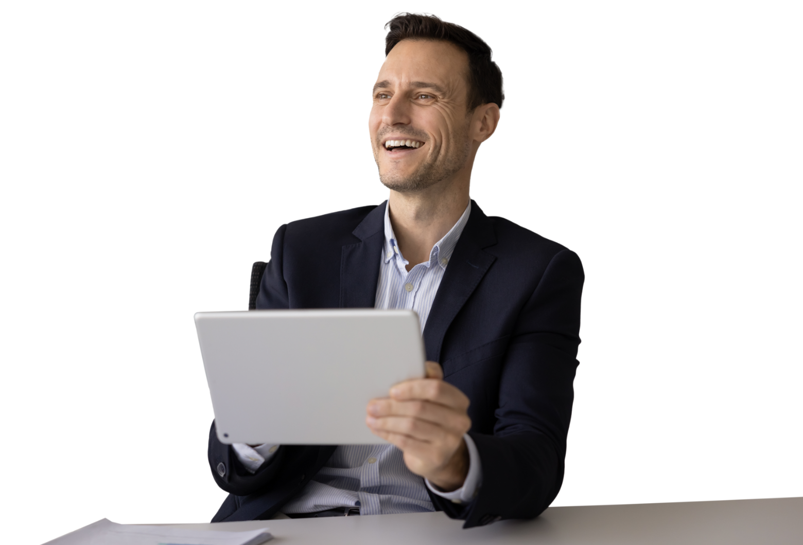 A smiling business man using a table computer