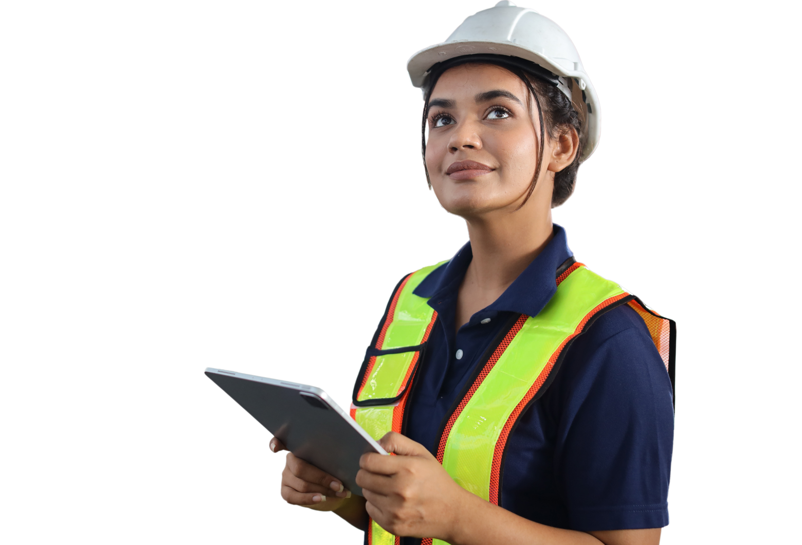 Construction worker holding a tablet device