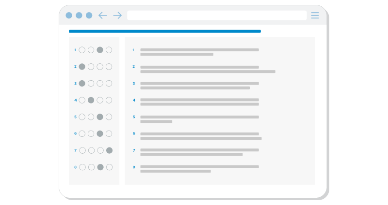 browser window showing a questionnaire or survey list with rating circles on the left