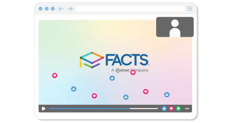 browser based video player showing the FACTS logo with floating reaction icons and a small presenter window.