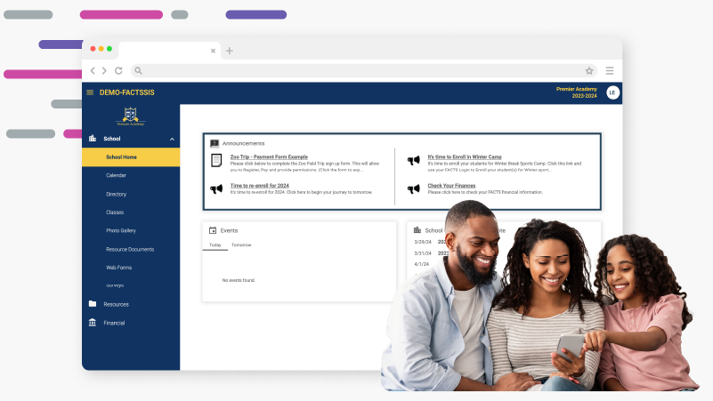 A family of three with a FACTS student information system screenshot in the background