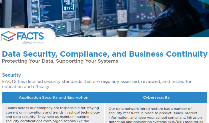 A screenshot of a web page regarding data security, compliance, and business continuity
