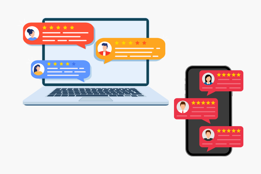 customer review speech bubbles on a laptop computer and cellphone