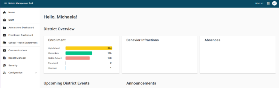 District Management Tool Phase 1 screen which shows a  district overview and upcoming district events