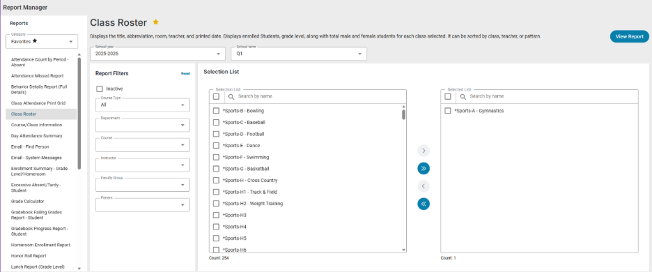 The Report Manager screen that displays a complete class roster