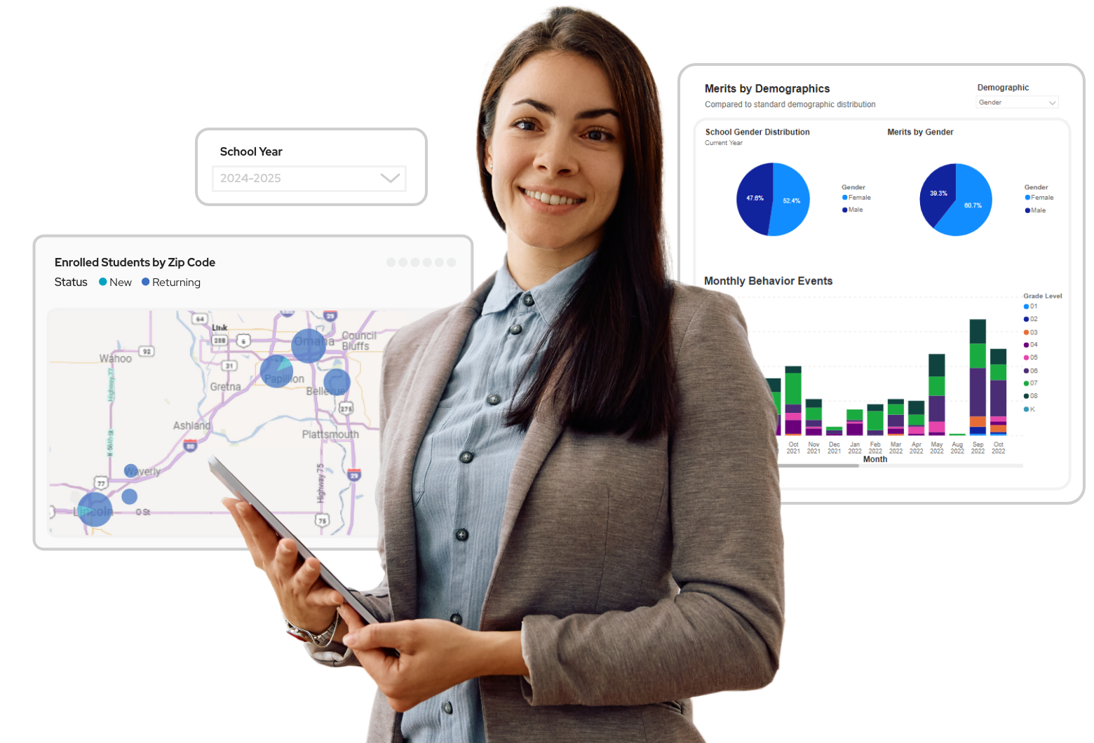 A business professional with chart and graphs in the background