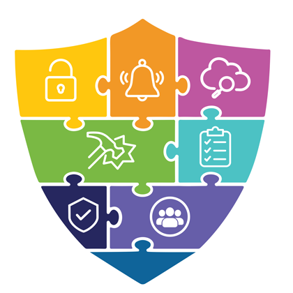 A shield crest with various security icons