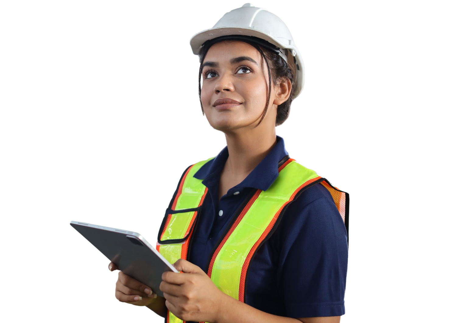 A construction worker holding a table device