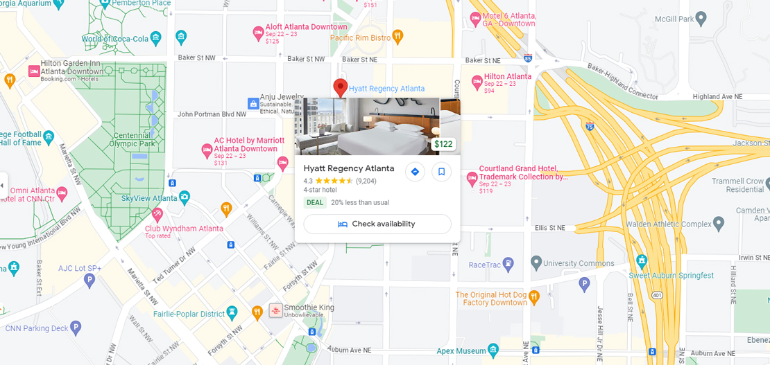 Google map view of the area around the Hyatt Regency hotel in Atlanta Georgia