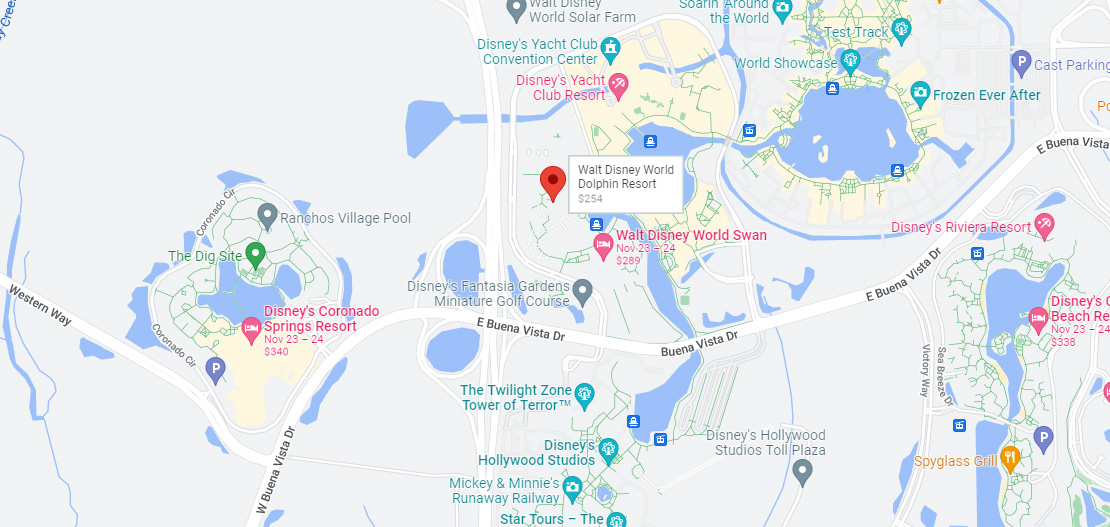 Google map of the Disney Swan and Dolphin resort area