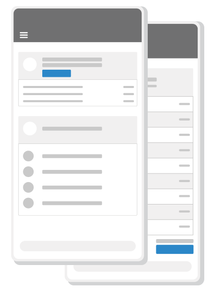 two overlapping mobile app screens showing a profile and list layout