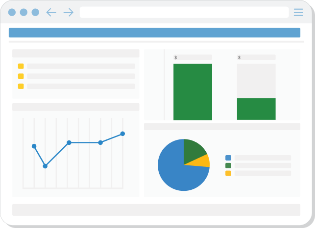 analytics dashboard with a line graph, bar charts, and a pie chart in a browser window