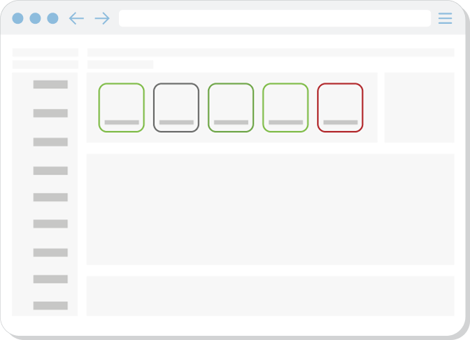 browser based dashboard with a left navigation menu and a row of color outlined status tiles across the top