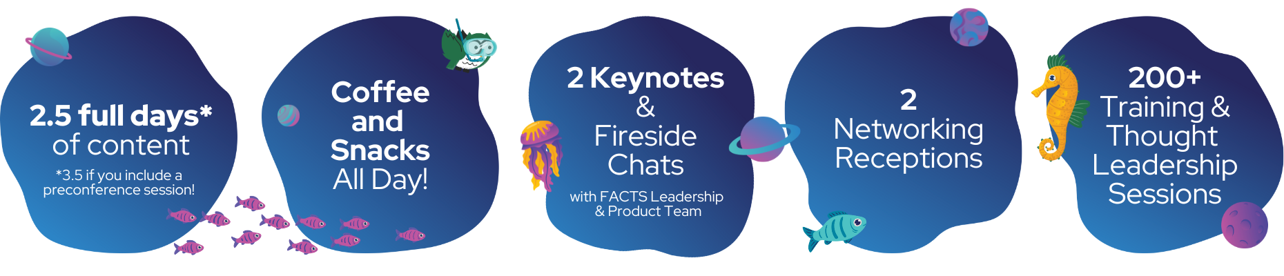 2.5 days of content, coffee, snacks, keynotes, chats, networking and sessions